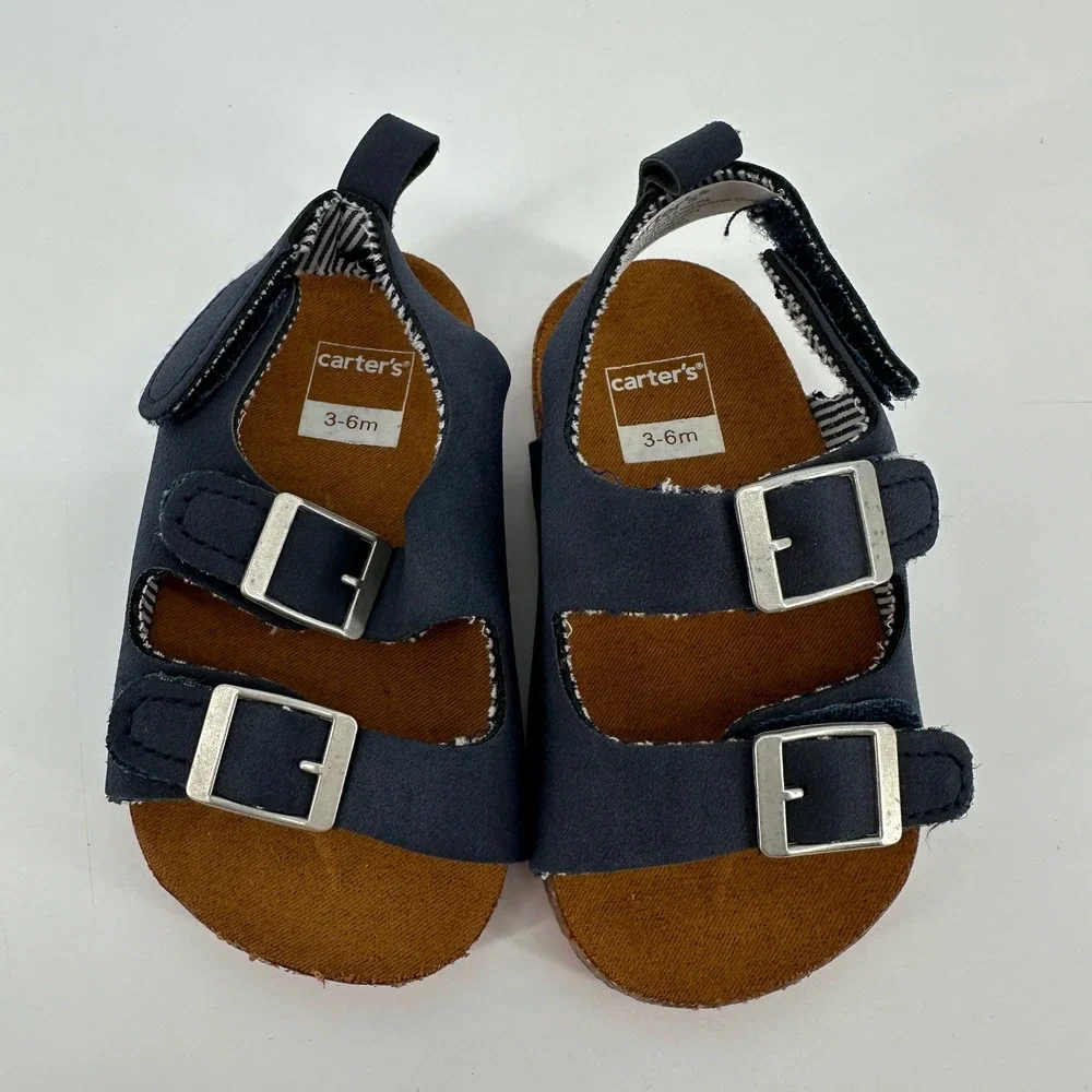 Carter's Baby Navy Blue Faux Cork Buckle Sandals Shoes Size 3-6M Like New